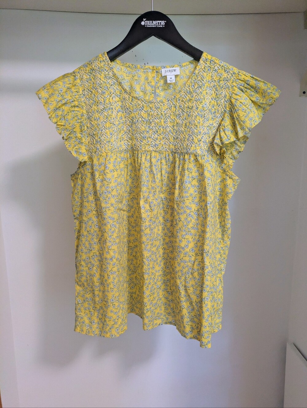 J.Crew yellow and blue ditzy floral smocked flutter sleeve blouse size medium